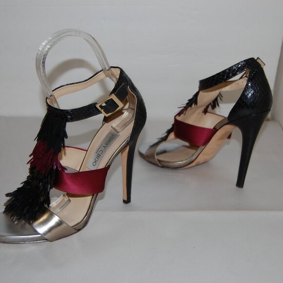 40/9❤️JIMMY CHOO Fedora Fringe BLACK Metallic SILVER RED GLADIATOR SANDALS ITALY - Picture 10 of 12